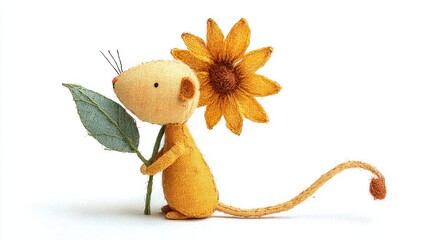 黄色いネズミのぬいぐるみとヒマワリの花、白い背景