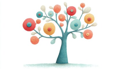 ボタンの花が咲く水色の木のイラスト、白背景