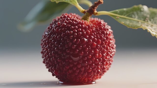 Close-up of a fresh red bayberry (yangmei) with water droplets, showcasing the fruit's texture and natural freshness.