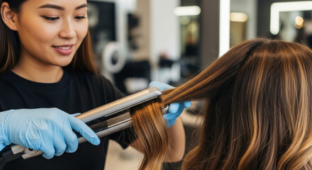 Professional hair stylist using a flat iron to straighten client hair in a beauty salon