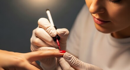 Manicurist applying vibrant red nail polish to woman finger in professional salon