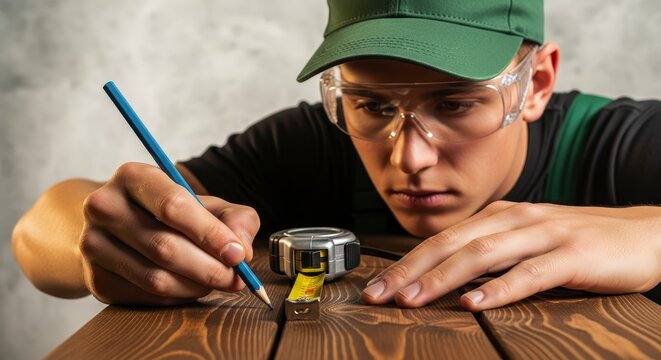 Young male worker in safety glasses meticulously marking wooden surface with pencil and tape measure