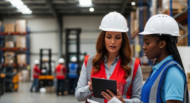 Female engineers in hard hats and safety vests discussing logistics on a tablet in a modern warehouse