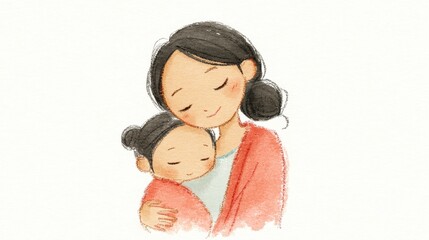 母親が子供を抱きしめる愛情深いイラスト、白い背景
