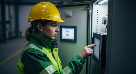 Female electrical engineer in yellow hard hat and safety jacket operating industrial control panel