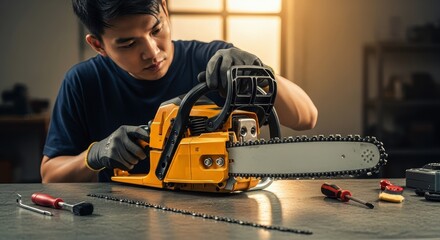 Professional man in protective gloves performing maintenance on a yellow chainsaw