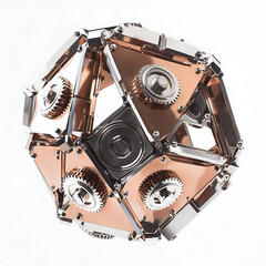 Abstract mechanical figures in silver and copper tones featuring intricate details and complex designs. Futuristic and steampunk-inspired metallic sculptures ideal for modern tech visuals.