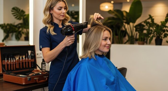 Female hairdresser blow drying blonde hair of a smiling woman in a modern hair salon