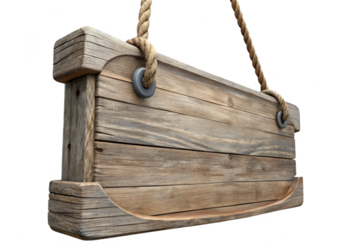 Rustic wooden sign hanging by rope isolated on transparent background