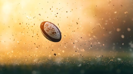 Rugby Ball in Mid-Air with Flying Debris at Sunset