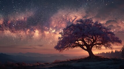 Serene viewpoint celestial sky over blossoming tree mountains