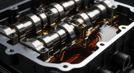 Close up of brushed chrome engine camshafts submerged in oil within a matte black engine block