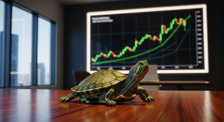 Red eared slider turtle on office table with rising stock market graph
