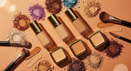 Assortment of cosmetic products, liquid foundation, compacts, makeup brushes, and colorful powder eyeshadows.