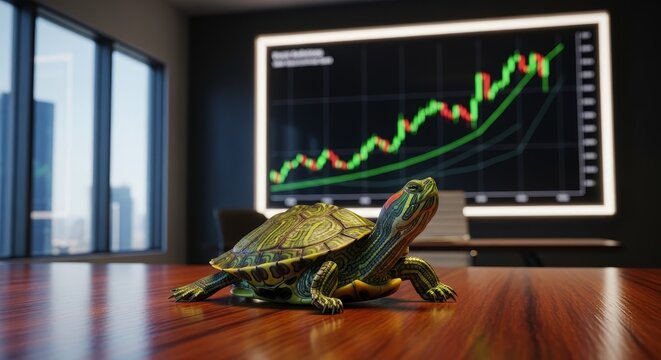 Red eared slider turtle on office table with rising stock market graph