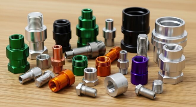 Assortment of industrial machine components, threaded fasteners, connectors, and precision parts - Powered by Adobe