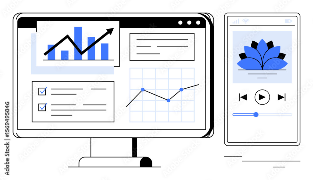 Poster desktop screen with charts, checklists, and graphs next to a smartphone playing audio with a calming