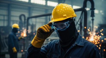 Industrial worker in yellow hard hat and safety goggles in factory