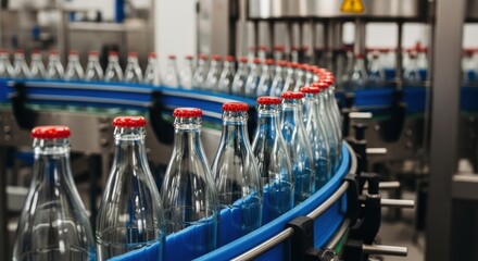 Naklejka premium Clear glass bottles with red caps moving on a blue conveyor belt in a modern factory