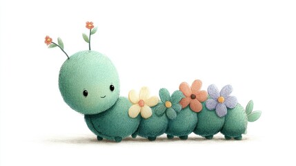 Charming 3D illustration of a cute caterpillar with colorful flowers, isolated on a white background