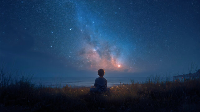 A young child sits in silhouette, gazing up at the vast, mysterious Milky Way, embodying a profound sense of wonder and peaceful contemplation under the starry night sky.