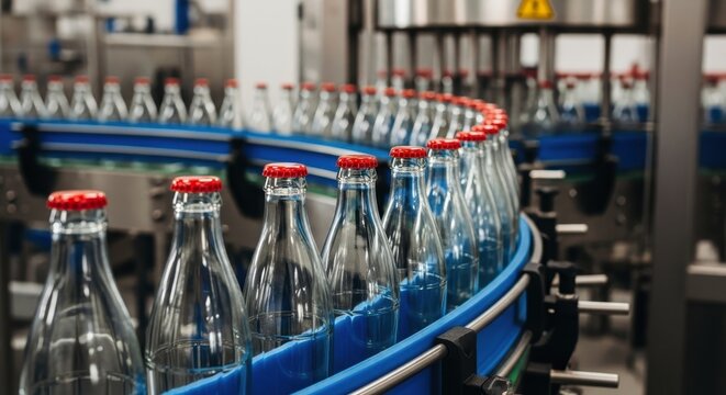 Clear glass bottles with red caps moving on a blue conveyor belt in a modern factory