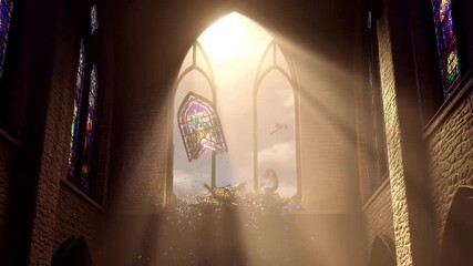 Stained glass church window shattering with sunlight streaming through