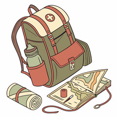 Green backpack with map and water bottle camping hiking