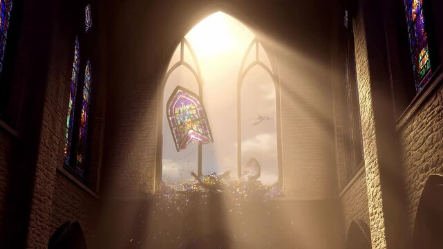 Stained glass church window shattering with sunlight streaming through