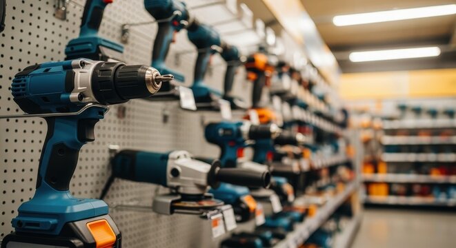 Cordless electric drill and power tools displayed in a hardware store