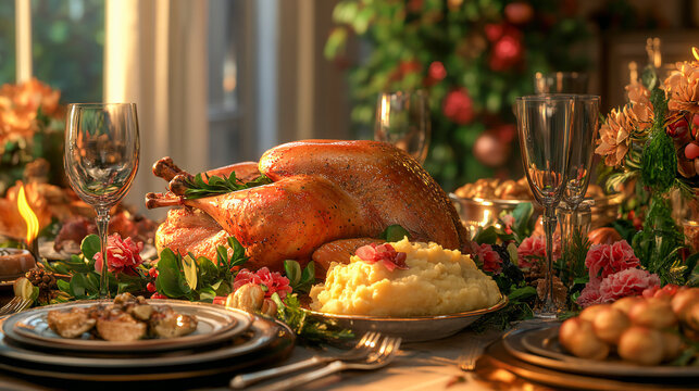 Thanksgiving Day dinner table set with delicious roasted turkey, mashed potatoes, wine glasses, and other side dishes, decorated with flowers, an elegant and inviting atmosphere for a holiday theme