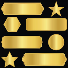 gold label banner, Blank golden nameplate plaque with decorative edges and screw holes. Empty metallic label for signage, awards, door signs. golden name plates. Different golden temples illustration.