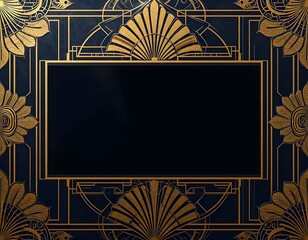 Art deco frame with golden floral and fan elements on dark background for luxury invitations and vintage design