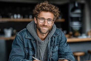 A young man with curly hair focusing on using a budgeting app on his phone.
