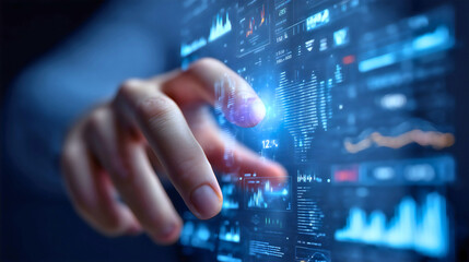 A close-up captures a hand interacting with a glowing, holographic digital interface, symbolizing the intuitive control and innovation of futuristic technology.