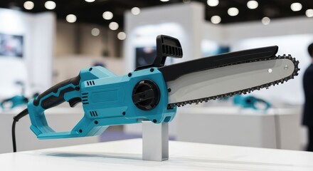 Sleek electric chainsaw in vibrant blue and black on a minimalist display stand
