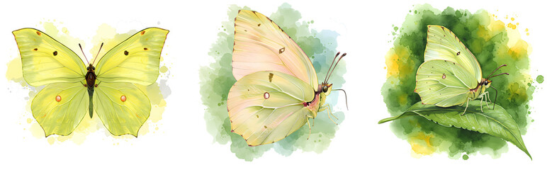 Three watercolor illustrations of common brimstone butterflies in different positions and angles on transparent background