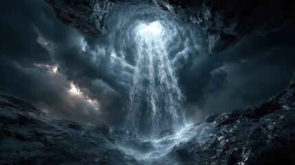 Majestic waterfall emerges from dark cave nature scene dramatic view