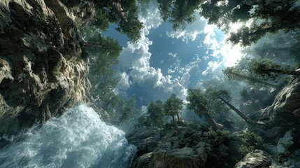Serenity in nature upward view of a cascading forest waterfall