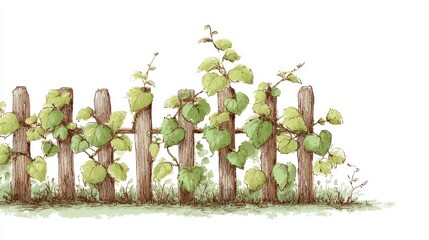 Wooden fence with climbing plant illustration on white background