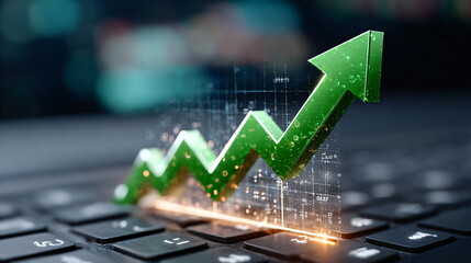 Green rising arrow on a laptop keyboard with abstract digital data. Business growth and financial success concept illustration.