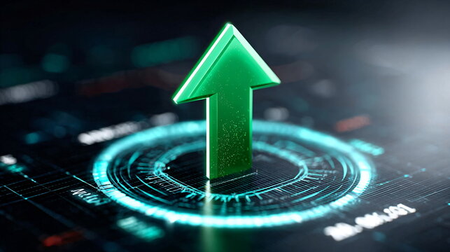 Green arrow pointing upward on futuristic digital interface. Business growth concept for stock market data visualization.