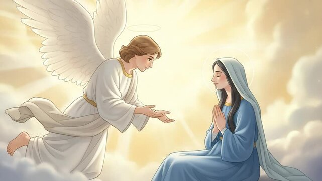 The Annunciation: Archangel Gabriel appearing to Mary in radiant clouds, delivering a divine message, symbolizing faith, grace, and biblical reverence