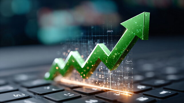 Green rising arrow on a laptop keyboard with abstract digital data. Business growth and financial success concept illustration. - Powered by Adobe