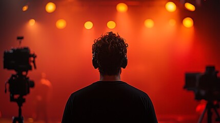 Sound Engineer on Stage with Cameras and Lights