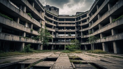 Fototapeta premium In The Middle Of A Large Brutalist Building, Abandoned And Decaying