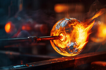 Molten glass blowing process with fire and smoke in workshop, generative AI
