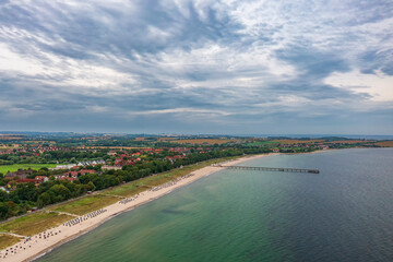 Early morning aerial view of the still empty beach of Boltenhagen on the Baltic Sea