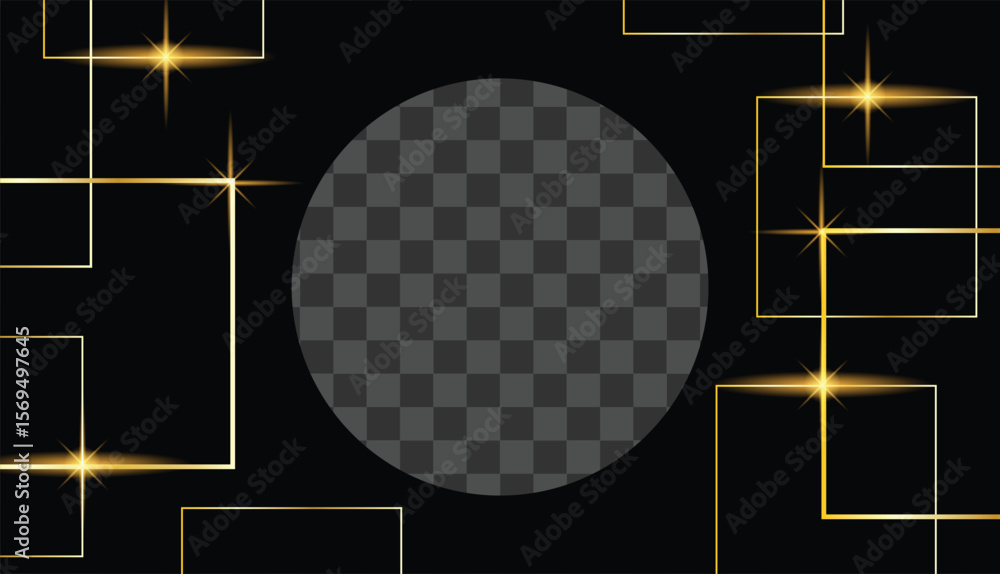 Poster black rectangle frame glossy golden shine with round place for text. graphic design elements and res