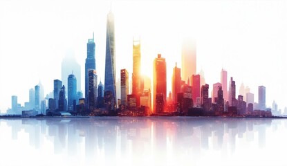 Fototapeta premium Sunlit Cityscape with Reflective Water and Skyscrapers